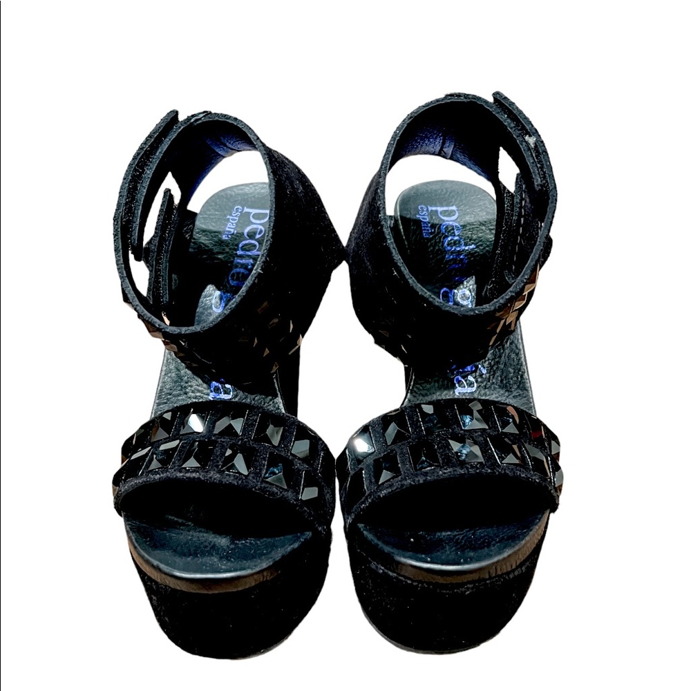 Pedro Garcia Talisa Size 37 Black Suede Swarovski Crystals Platform Wedge Sandal